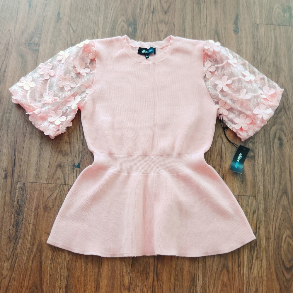Alice Blue Pink Peplum Top with Floral Lace Sleeves
